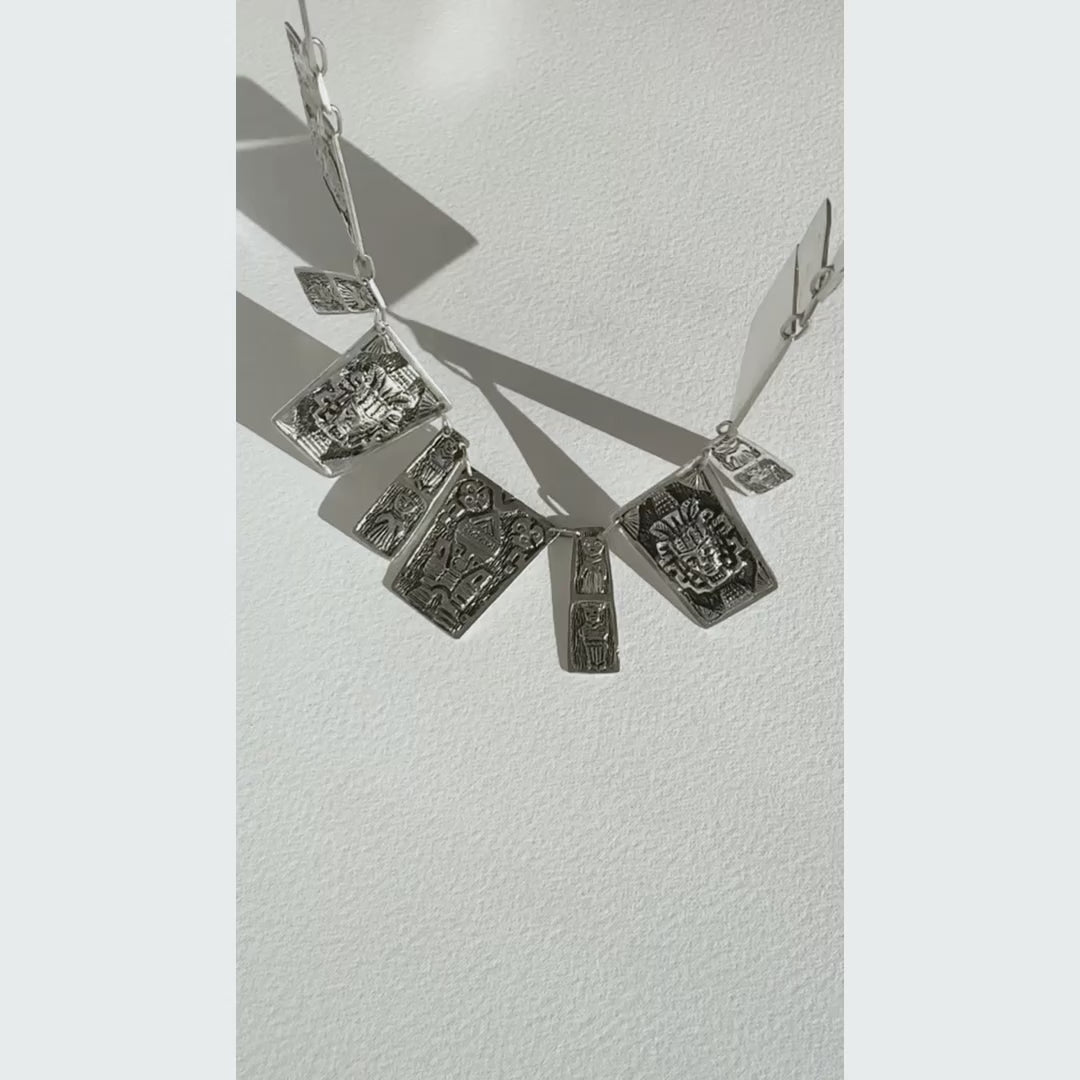 Vintage Silver Etched Totem Panel Necklace