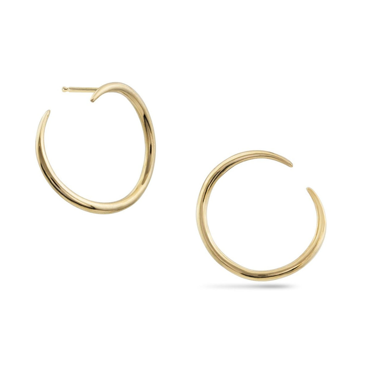 Solid 14k gold modern hoop earrings that wrap around earlobe. 