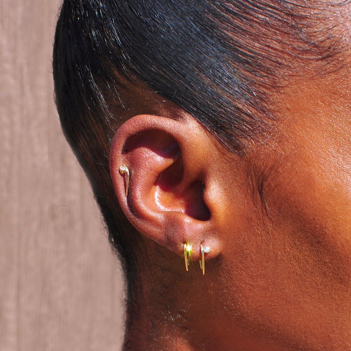 White/Space Jewelry Minimal Diamond Hook Hug Earrings on body